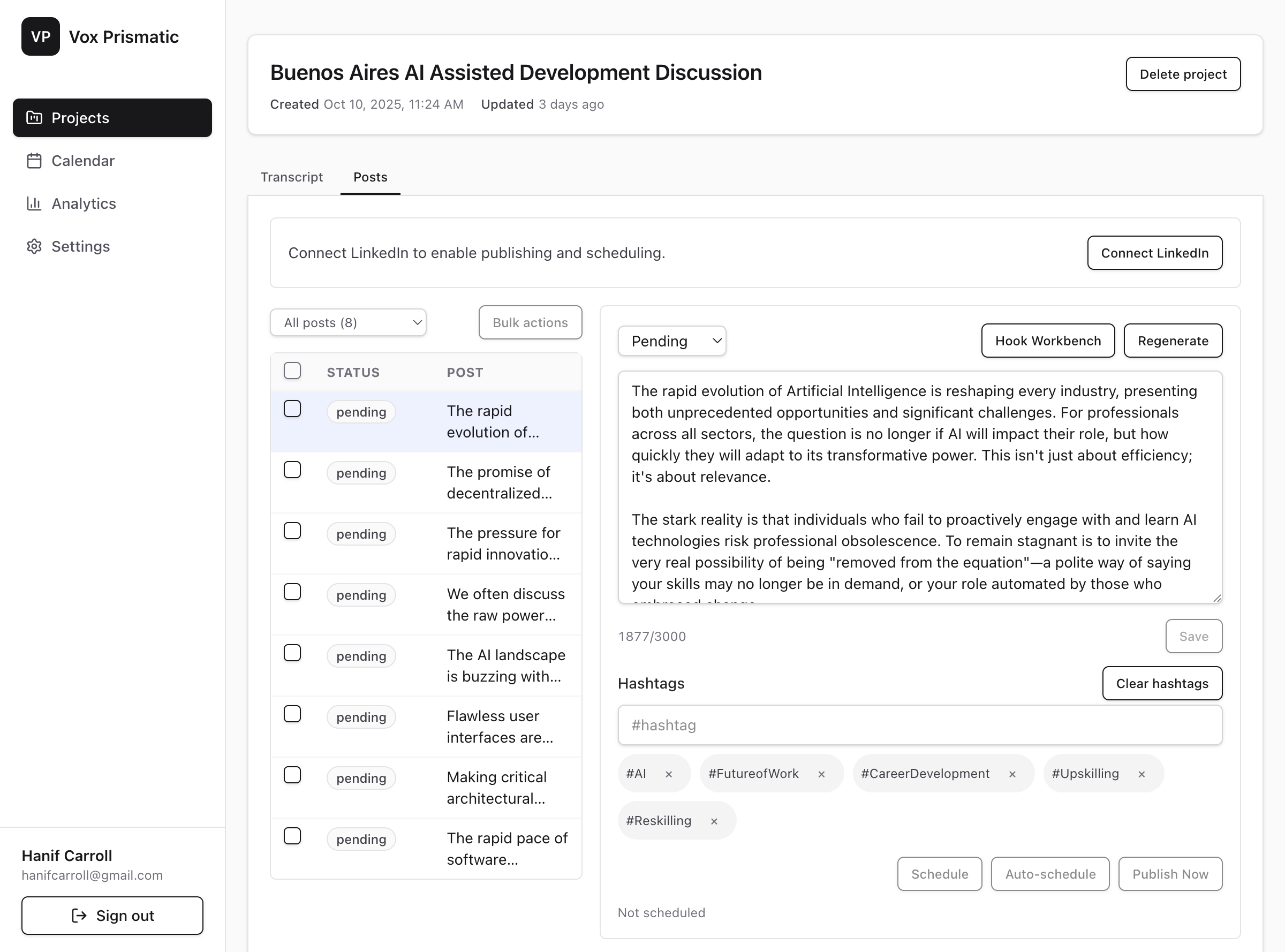 Vox Prismatic posts workspace showing generated drafts